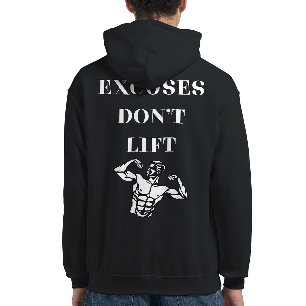 Gym & Fitness Hoodie - Unisex - "Excuses Don't Lift" + Graphic - Black